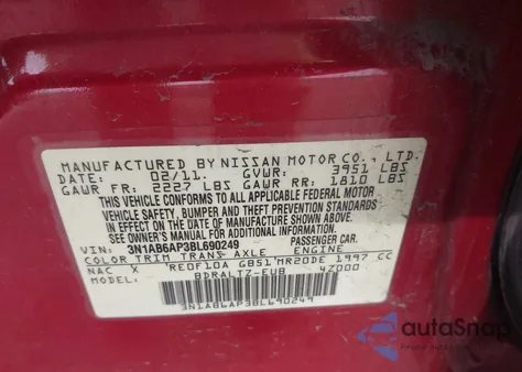 2011 Nissan Sentra 2.0S z USA, uszkodzony, nr VIN 3N1AB6AP3BL690249